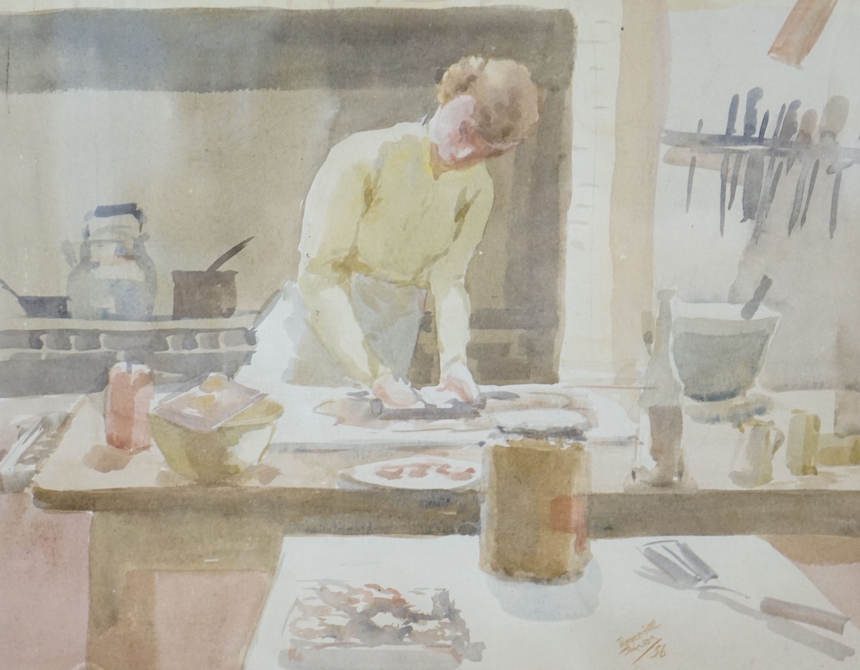 Beatrice Prudence Johnson R.W.S. (1920-1988), watercolour, Woman baking in a kitchen, signed and dated '56, 27 x 34cm